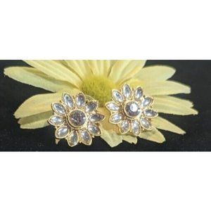 Vintage Gold Tone Clear Rhinestone Flower Pierced Stud Earrings 1"